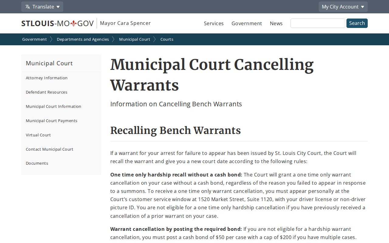 St. Louis City bench warrant cancellation instructions