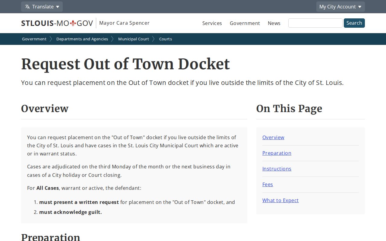 St. Louis Municipal Court Out of Town Docket request instructions